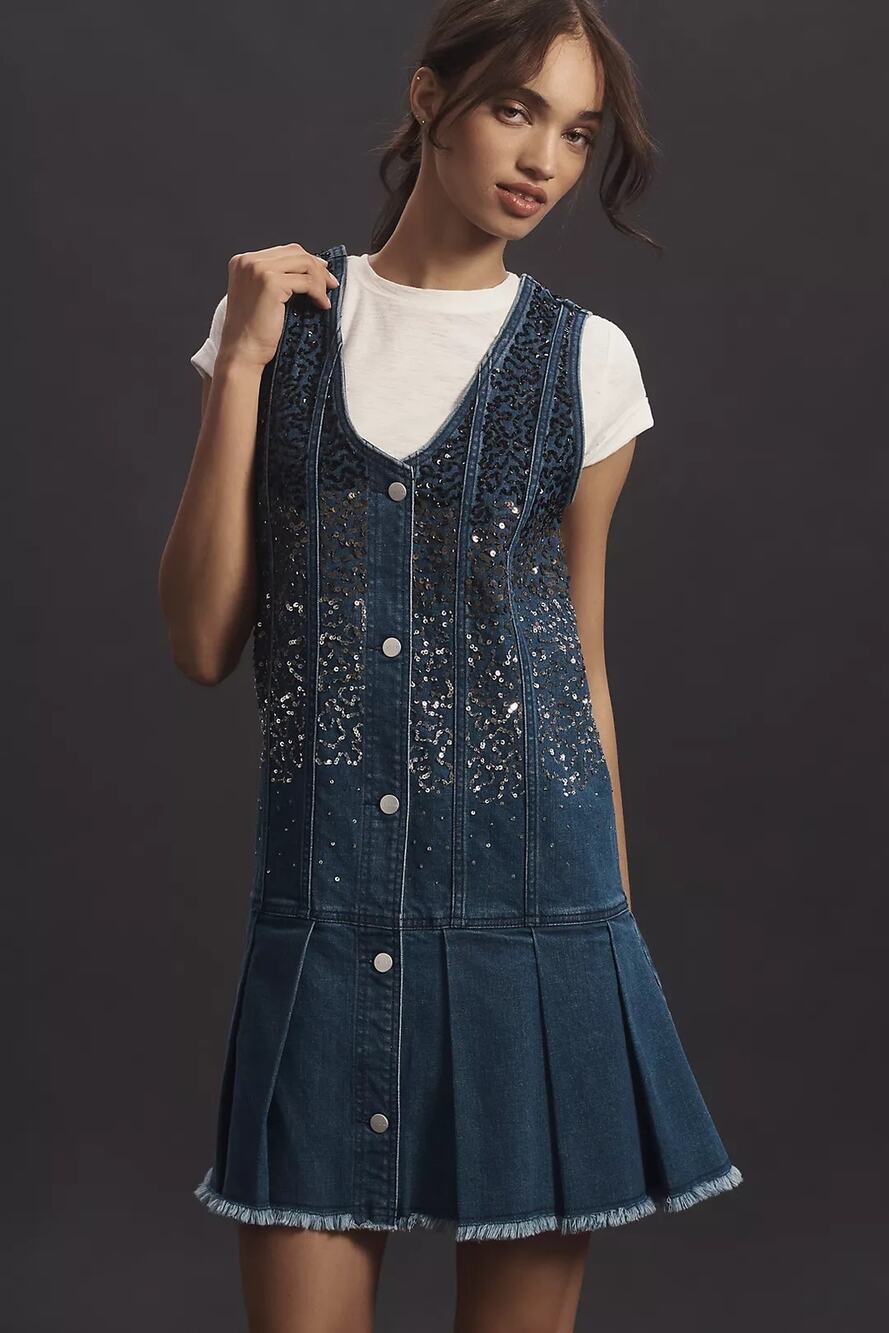 NWT Anthropologie Pilcro Sparkle Denim Button-Front Mini Dress $198 MEDIUM Blue